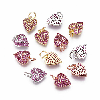 Brass Micro Pave Cubic Zirconia Charms, Heart, Magenta, Mixed Color, 11.5x9x2mm, Hole: 3~3.5mm