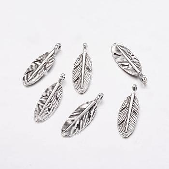 Tibetan Style Alloy Feather Pendants, Lead Free & Cadmium Free, Antique Silver, 30x9x2.5mm, Hole: 2mm