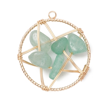 Natural Green Aventurine Nuggets Copper Wire Wrapped Flat Round Pendants, Pentagram Charms, Golden, 29x25x6~10mm, Hole: 1.8mm