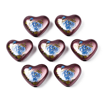 Spray Painted Opaque Acrylic Beads, Heart with Flower, Coconut Brown, 16x19x8mm, Hole: 2mm