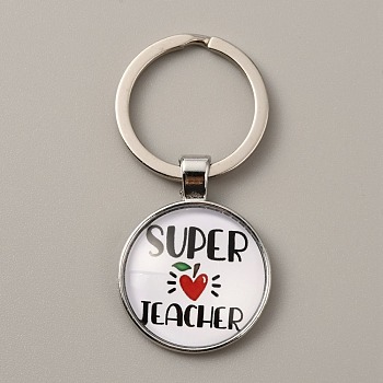 Teacher's Day Time Gem Keychain, with Alloy Findings, Half Round/Dome with Word Super Jeacher, Word, 6cm