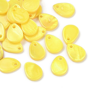 Spray Painted Natural Freshwater Shell Teardrop Charms, Yellow, 10x7~7.5x1.5~1.8mm, Hole: 1.2mm