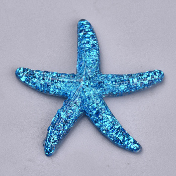 Resin Cabochons, with Glitter Powder, Starfish/Sea Stars, Dodger Blue, 38x41x7mm