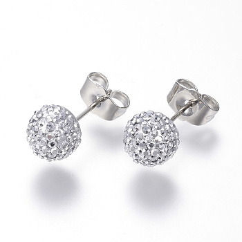 Rhinestone Ball Stud Earrings, with Stainless Steel Pins and Iron Ear Nuts, Crystal, 18mm, pin: 0.8mm