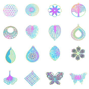201 Stainless Steel Filigree Pendants, Etched Metal Embellishments, Mixed Shapes, Rainbow Color, 74x72x17mm, 32pcs/box
