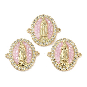 Rack Plating Brass Micro Pave Clear Cubic Zirconia Virgin Mary Connector Charms, Pink Enamel Oval Links with Shell,  Long-Lasting Plated, Lead Free & Cadmium Free, Real 18K Gold Plated, 22x22x4mm, Hole: 1.2mm