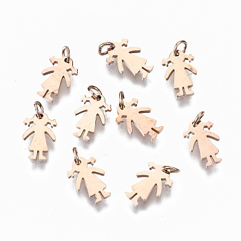 304 Stainless Steel Charms, with Jump Rings, Laser Cut, Girl, Rose Gold, 8x5.5x1mm, Jump Ring: 3x0.4mm, 2.2mm inner diameter