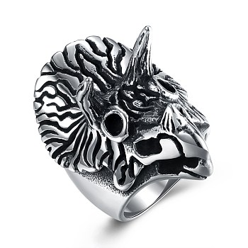 Men's Stainless Steel Finger Rings, Wide Band Ring, Triceratops, Size 9, Antique Silver, 18.9mm