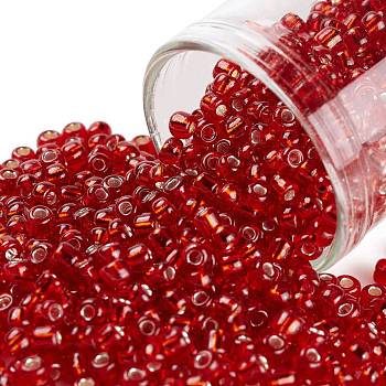 8/0 Transparent Glass Round Seed Beads, Grade A, Silver Lined, Red, 2.8~3.2mm, Hole: 1.0mm, about 15000pcs/pound