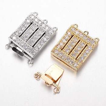 Brass Cubic Zirconia Box Clasps, Cadmium Free & Nickel Free & Lead Free, Rectangle, Mixed Color, 32.5x22x6.4mm, Hole: 1.5 & 2.5mm