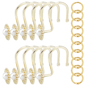 Zinc Alloy Window Curtain Hook, Calabash S Shape with Plastic Bead Pothook, Eco-Friendly Iron Loose Leaf Book Binder Hinged Rings, Shower Curtain Hook, Bathroom Curtain Potooks, Flower, Light Gold, Curtain Hook: 60x27x57mm, 10pcs, Rings: about 19.5x20.5x4mm, hole: 14x16.5mm, 10pcs