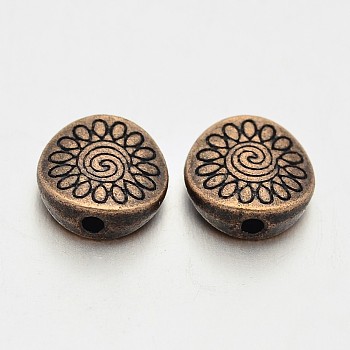 Tibetan Style Alloy Beads, Cadmium Free & Nickel Free & Lead Free, Flat Round with Flower, Red Copper, 8.5x8.5x3.5mm, Hole: 1.5mm
