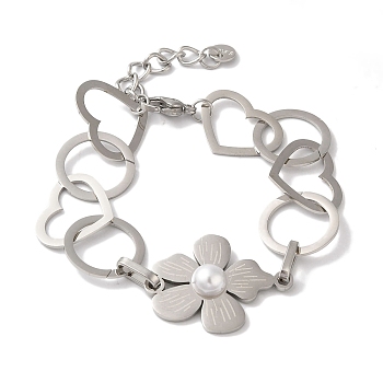 Flower & Heart 304 Stainless Steel Link Chain Bracelets for Women, with ABS Pearl Beads, Stainless Steel Color, 6-7/8 inch(17.5cm)