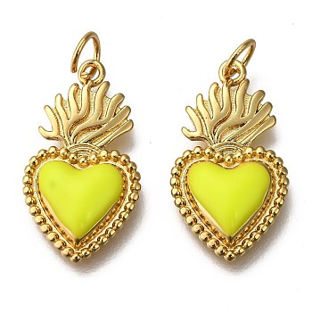 Golden Tone Brass Enamel Pendants, with Jump Rings, Long-Lasting Plated, Heart, Yellow, 22x12x3mm, Hole: 3.5mm