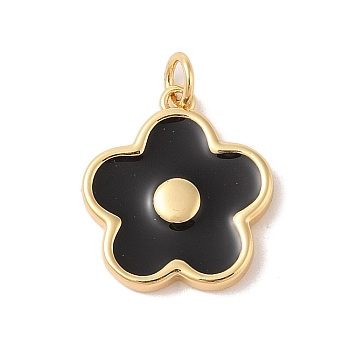 Rack Plating Brass Enamel Pendants, with Jump Ring, Cadmium Free & Lead Free, Long-Lasting Plated, Real 18K Gold Plated, Flower Charm, Black, 18x16.5x2.5mm, Hole: 3.5mm