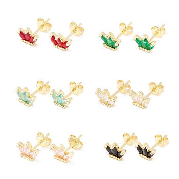 Brass Micro Pave Cubic Zirconia Stud Earring, Real 18K Gold Plated, Flower, Mixed Color, 6x8.5mm, Pin: 1mm