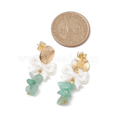 Natural Green Aventurine Chip & Bowknot ABS Imitation Pearl Dangle Earrings(EJEW-JE05894)-3