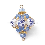 Oriental Blue and White Porcelain Style Lantern Beaded Links Connector Charms, with Glass Seed Beads, Golden, 35x23mm, Hole: 2mm(PALLOY-MZ01187)