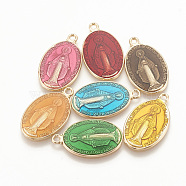 Brass Enamel Pendants, Long-Lasting Plated, Oval with Saint, Golden, Mixed Color, 25.5x15x2mm, Hole: 2mm(KK-S345-180)