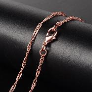Brass Necklaces, Singapore Chains/Water Wave Chains, with Lobster Clasp, Rose Gold, 17.4 inch, 2mm(MAK-K003-05RG)