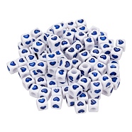 Opaque White Acrylic European Beads, Large Hole Beads, Cube with Heart Pattern, Blue, 7x7x7mm, Hole: 4mm, 100Pcs/Bag(OPDL-FS0001-02C)