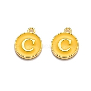 Golden Plated Alloy Enamel Charms, Enamelled Sequins, Flat Round with Alphabet, Letter.C, Yellow, 14x12x2mm, Hole: 1.5mm(ENAM-Q437-13C)