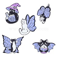 5Pcs 5 Style Magic Wizard Cat Enamel Pins, Electrophoresis Black Alloy Cartoon Brooches for Backpacks Clothes Hats, Cornflower Blue, 18.7~30x22~30mm, 1Pc/style(JBR095A)