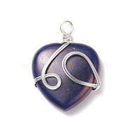 Natural Lapis Lazuli Pendants, with Silver Tone Copper Wire Wrapped, Heart, 39~41x30~30.5x8.5~9.5mm, Hole: 4~4.2mm(PALLOY-JF01663-05)