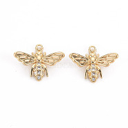 Brass Micro Pave Clear Cubic Zirconia Charms, Nickel Free, Bee, Real 18K Gold Plated, 12x15x4.5mm, Hole: 1mm(KK-S356-476-NF)