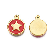 304 Stainless Steel Enamel Pendants, Real 18K Gold Plated, Flat Round with Star, Dark Red, 19x15x2.5mm, Hole: 1.6mm(STAS-N092-148B)