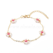 Shell Pearl & Acrylic Beads Flower Link Bracelets, with Brass Cable Chains, Golden, Medium Violet Red, 2mm, 7-1/4 inch(18.4cm)(X1-BJEW-TA00003-04)