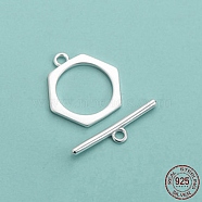 Rack Plating 925 Sterling Silver Toggle Clasps, Hexagon, Silver, Hexagon: 13.2mm, Hole: 1.4mm, Bar: 16.8mm, Hole: 1.4mm(STER-NH0001-37S)
