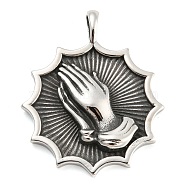 316L Surgical Stainless Steel Pendants, Flower with Praying Hands Charm, Antique Silver, 42x35x7mm, Hole: 6x4.5mm(STAS-D012-02AS)
