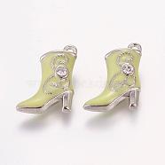 Alloy Enamel Pendants, Cadmium Free & Lead Free, with Rhinestones, Platinum Color, Boot, Pale Green, about 16mm wide, 21mm long, hole: 1mm(E516-2)