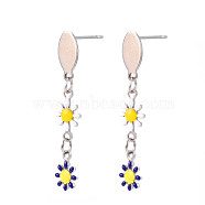Flower Enamel Long Dangle Stud Earrings, Stainless Steel Color Plated 304 Stainless Steel Jewelry for Women, Dark Blue, 38x6mm, Pin: 0.8mm(EJEW-N049-03B)