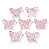Transparent Spray Painted Glass Beads, with Golden Foil, Butterfly, Pink, 12.5x15.5x5mm, Hole: 1mm(GLAA-R215-06-E08)