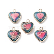 Dyed Synthetic Imperial Jasper Pendants, Brass Heart Charms, Golden, Hot Pink, 19x16x4.5~5.5mm, Hole: 2.7mm(G-P529-08G-08)