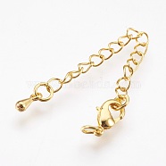 Brass Chain Extender, with 304 Stainless Steel Lobster Claw Clasps, Cadmium Free & Lead Free, Long-Lasting Plated, teardrop, Real 18K Gold Plated, 68~73x3mm, Hole: 2.5mm, Clasps: 10x6x3mm(KK-I633-58G-NR)