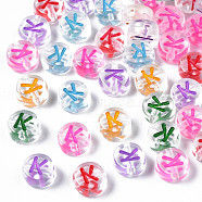 Transparent Clear Acrylic Beads, Horizontal Hole, Flat Round with Mixed Color Letter, Letter.K, 7x3.5mm, Hole: 1.2mm, about 3700pcs/500g(MACR-N008-56K)