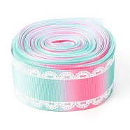 Polyester Printed Grosgrain Ribbon, Single Face Lace Pattern, for DIY Handmade Craft, Gift Decoration , Aquamarine, 1-1/2 inch(38mm), 10 yards/roll(9.14m/roll)(OCOR-I010-06J)