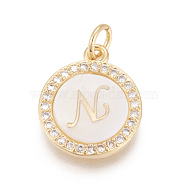 Brass Micro Pave Cubic Zirconia Pendants, with Shell, Long-Lasting Plated, Lead Free & Cadmium Free & Nickel Free, Real 18K Gold Plated, Flat Round with Letter, Clear, Letter.N, 16x13.5x3mm, Hole: 3mm(X-ZIRC-L078-043N-NR)