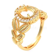 Rack Plating Leaf & Oval Brass Micro Pave Cubic Zirconia Adjustable Ring Components, 4 Claw Prong Ring Settings, Long-Lasting Plated, Golden, Tray: 7x6mm, Inner Diameter: 19mm(KK-Q819-09G)