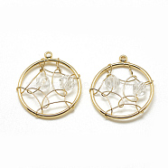 Brass Pendants, with Glass Beads, Flat Round with Web, Real 18K Gold Plated, Clear, 20.5x18x4mm, Hole: 1mm(X-KK-T032-063G-02)