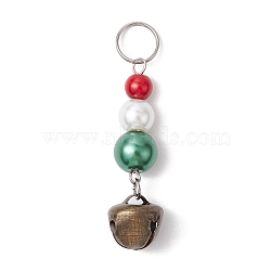 5Pcs Christmas Theme Glass Pearl Pendant Decoration, with 304 Stainless Steel Split Rings and Iron Bell Charms, Colorful, 53mm, Hole: 8mm(PALLOY-JF02883-S)