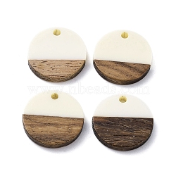 Opaque Resin & Walnut Wood Pendants, Flat Round Charms, Floral White, 18x3mm, Hole: 1.7mm(RESI-XCP0002-13)