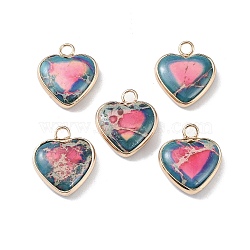 Dyed Synthetic Imperial Jasper Pendants, Brass Heart Charms, Golden, Hot Pink, 19x16x4.5~5.5mm, Hole: 2.7mm(G-P529-08G-08)