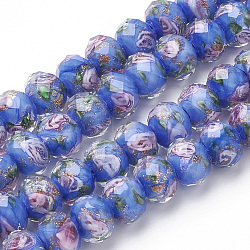 Handmade Gold Sand Lampwork Beads Strands, Inner Flower, Faceted Rondelle, Cornflower Blue, 9~10x7~8mm, Hole: 1.5~2mm, about 60pcs/strand, 17.3 inch(LAMP-R141-10mm-05)