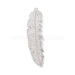 Rack Plating Brass Micro Pave Clear Cubic Zirconia Big Pendants, Feather Charms, Long-Lasting Plated, Cadmium Free & Lead Free, Platinum, 51x13x2.5mm, Hole: 1.8mm(KK-L155-65P)