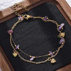 Bohemia Style 304 Stainless Steel Cable Chain Multi-strand Bracelets, Natural Amethyst & Heart Link Bracelets for Women, with Plastic Imitation Pearl, 8-1/8 inch(20.5cm)(BJEW-Z088-01D-G)