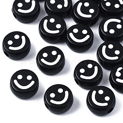 Opaque Acrylic Beads, Flat Round with Smiling Face, Black, 10x4.5mm, Hole: 2mm(X-MACR-S273-70)